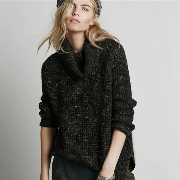 Free People Sweaters - Free People Black Dylan Tweedy Wool Blend Oversized Knit Turtleneck Sweater